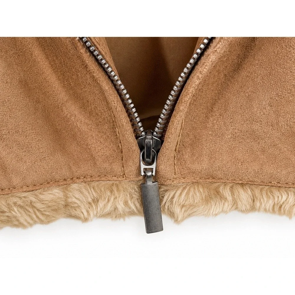 Womens Medium Genuine Leather Suede Jacket Y2K Shearling Penny Lane Funnel Neck
